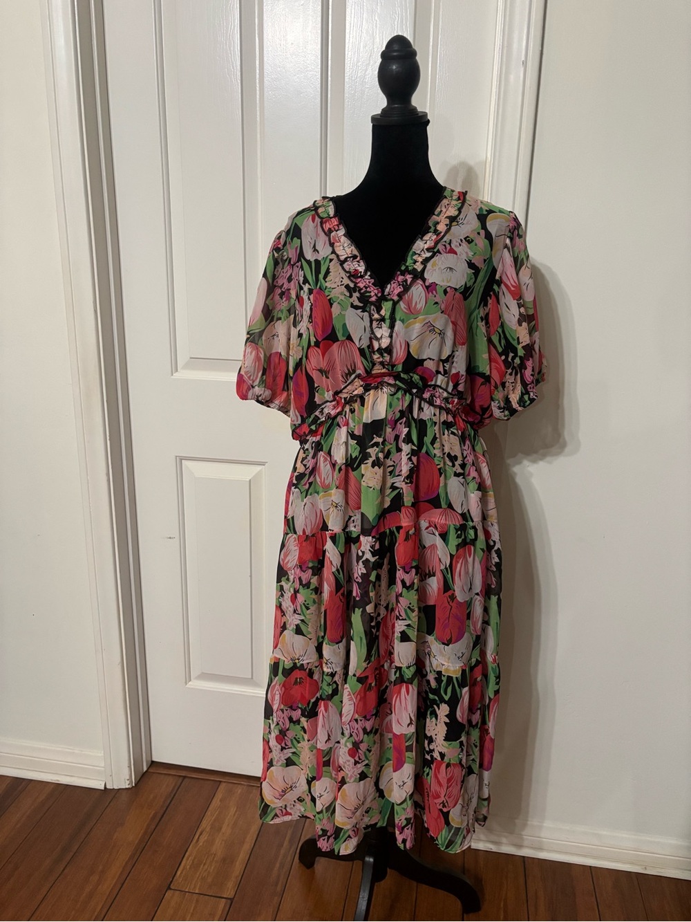 JODIFL Black Midi Dress with Pink & Green Floral Print